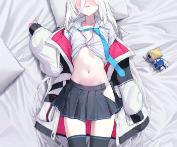 1girl absurdres bed_sheet black_skirt black_thighhighs blue_archive blue_necktie blush collarbone commentary_request eyes_out_of_frame flat_chest gadeung_hye head_out_of_frame highres jacket kei_(blue_archive) kei_(orange_robot)_(blue_archive) kei_(student)_(blue_archive) lying navel necktie on_back open_clothes open_jacket open_skirt pillow pleated_skirt skirt stomach thighhighs two-sided_fabric two-sided_jacket white_hair white_jacket