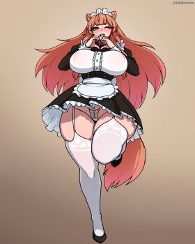 1girl absurdres alternate_costume animal_ear_fluff animal_ears apron artist_name black_dress black_shoes blush breasts brown_background center_frills commentary commission covered_erect_nipples curvy double-parted_bangs dress english_commentary enmaided frilled_apron frilled_dress frills full_body garter_straps hands_up heart heart_hands highres huge_breasts long_hair long_sleeves looking_at_viewer maid maid_headdress one_eye_closed open_mouth orange_hair panties pantyshot partially_visible_vulva raccoon_ears raccoon_girl raccoon_tail raphtalia saltdrawyou shirt shoes simple_background skindentation smile solo standing standing_on_one_leg tail tate_no_yuusha_no_nariagari thick_thighs thighhighs thighs twitter_username underwear waist_apron white_apron white_panties white_shirt white_thighhighs white_wrist_cuffs wrist_cuffs