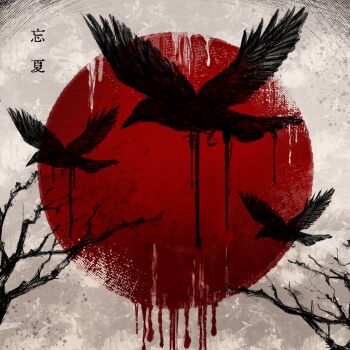 Rule 34 | absurdres, album cover, album name, artist request, bare tree, bird, blood, cover, crow, flying, full moon, highres, melting, moon, noroimico (band), red moon, tree