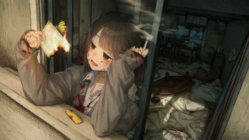 1girl 1other :d ashtray black_eyes blood blood_on_clothes bloody_knife book bottle brown_hair burning burning_photo can chair chopsticks cigarette collarbone commentary_request crazy crumpled_paper instant_cup_noodles door dot_nose exhaust eyebrows_hidden_by_hair flower futon grey_shirt hatching_(texture) highres holding holding_cigarette iei incense instant_cup_noodles instant_noodles kettle knife kotatsu leaning lighter long_sleeves medium_hair messy messy_room microwave murder open_book open_clothes open_mouth open_shirt original photo_(object) pillow police rope shirt sliding_doors smile smoke smoke_trail smoking stove table tena_(tena_0711) tile_wall tiles trash trash_bag upper_body vase white_shirt wooden_floor yellow_flower