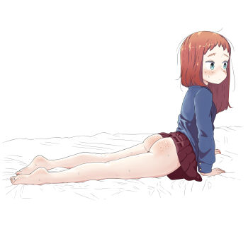 1girl absurdres arched_back arm_support ass ass_freckles barefoot blue_eyes blush body_freckles clothes_lift eyebrows feet female_focus freckles full_body highres legs_together leims_(urje8584) loli long_hair long_sleeves mole mole_under_eye no_panties no_shoes on_bed original pleated_skirt red_hair school_uniform simple_background skirt skirt_lift sleeve_cuffs soles solo sweat sweatdrop toes white_background