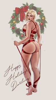 1girl ass barefoot blonde_hair blue_eyes bow breasts christmas_wreath commentary cursive earrings emma_frost english_commentary english_text eyeshadow full_body happy_holidays highres jewelry large_breasts looking_at_viewer looking_back makeup marvel marvel_rivals mature_female naked_ribbon pepedraws pinecone red_bow red_eyeshadow red_lips red_nails ribbon short_hair snowflakes solo sphere_earrings white_background wreath x-men