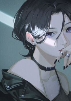 1girl absurdres barbell_piercing black_choker black_hair black_jacket black_nails choker collarbone commentary doloyume english_commentary eyelashes fingernails hair_between_eyes highres jacket jewelry leather leather_jacket lips looking_at_viewer multiple_rings nail_polish original piercing purple_eyes ring solo