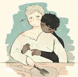 Rule 34 | 2boys, black hair, black shirt, blonde hair, blue background, blush, brown eyes, closed eyes, commentary request, dark-skinned male, dark skin, dungeon meshi, frying pan, hand up, hands up, highres, holding, holding spatula, hug, hug from behind, kabru, laios touden, long sleeves, looking at another, male focus, multiple boys, musical note, off shoulder, shirt, short hair, smile, spatula, squeans, sub subac, table, translation request, turtleneck, upper body, very short hair, white shirt, yaoi