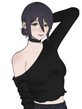 1girl alternate_costume arm_behind_head arm_up black_choker black_hair black_shirt breasts chainsaw_man choker closed_mouth green_eyes grenade_pin hair_between_eyes hair_bun highres looking_at_viewer off_shoulder reze_(chainsaw_man) schonv shirt short_hair simple_background single_bare_shoulder single_hair_bun small_breasts smile solo white_background