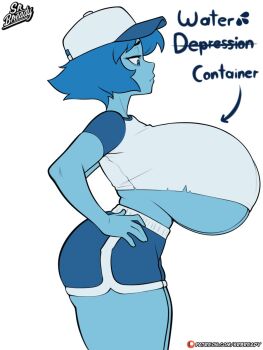 1girl alternate_breast_size_(larger) arrow_(symbol) baseball_cap blue_eyes blue_hair blue_shorts blue_skin breasts closed_mouth colored_skin commentary cowboy_shot dolphin_shorts english_commentary evil_container_(meme) from_side gem_(steven_universe) gigantic_breasts hand_on_own_hip hat highres lapis_lazuli_(steven_universe) looking_down meme profile shirt short_hair short_shorts short_sleeves shorts simple_background solo srbready steven_universe undersized_clothes white_background white_hat white_shirt