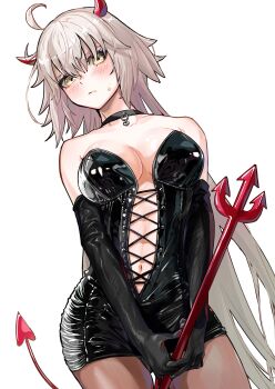 1girl ahoge bare_shoulders black_dress blush breasts brown_pantyhose center_opening choker cleavage cross-laced_clothes demon_horns demon_tail dress elbow_gloves fate/grand_order fate_(series) gloves grey_hair highres horns iris_(tb33064667) jeanne_d&#039;arc_alter_(fate) large_breasts long_hair looking_at_viewer navel pantyhose polearm short_dress solo tail trident very_long_hair weapon yellow_eyes