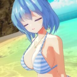 1girl 3d animated blue_eyes blue_hair breasts cleavage heterochromia large_breasts looking_at_viewer mofumoko5 red_eyes smile solo swimsuit tagme tatara_kogasa thighs tongue tongue_out touhou upper_body video