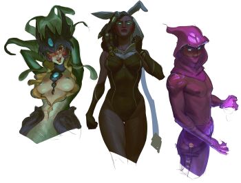 1boy 2girls absurdres alternate_costume arm_at_side arms_behind_head black_gloves black_hair black_leotard black_sclera breasts breasts_out colored_sclera colored_skin commentary covered_mouth cropped_legs cropped_torso dark-skinned_female dark_skin dreadlocks elbow_gloves english_commentary fins fish_girl gloves glowing glowing_eyes green_eyes green_skin hand_up head_fins highres hood hood_up league_of_legends leotard magic malzahar medium_breasts mermaid monster_girl multiple_girls nami_(league_of_legends) nipples no_pupils nontraditional_playboy_bunny one_eye_closed open_mouth purple_hood rabbit_ear_headwear red_eyes red_lips senna_(league_of_legends) simple_background strapless strapless_leotard teeth tongue topless_male treslech3s very_dark_skin white_background white_eyes
