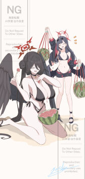 Rule 34 | 2girls, absurdres, belt, bikini, black bikini, black choker, black hair, black jacket, black shorts, black wings, blue archive, blush, breasts, choker, closed eyes, cross halo, eyewear on head, feathered wings, food, fork, front-tie bikini top, front-tie top, fruit, hair between eyes, hair bun, halo, hasumi (blue archive), hasumi (swimsuit) (blue archive), highleg, highleg bikini, highres, holding, holding fork, huge breasts, ichika (blue archive), ichika (swimsuit) (blue archive), jacket, long hair, long hair between eyes, low wings, multiple girls, navel, net, official alternate costume, official alternate hairstyle, open mouth, oversized wings, red belt, red halo, sandals, shorts, smile, stomach, sunglasses, swimsuit, watermelon, wings, yatsuka (846)