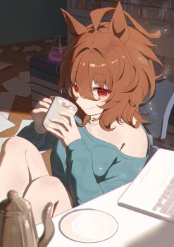 1girl absurdres agnes_tachyon_(umamusume) ahoge animal_ears blue_sweater blush book book_stack breasts chair closed_mouth collarbone commentary computer cup highres holding holding_cup holding_teapot horse_ears horse_girl knees_up laptop long_sleeves medium_hair nanaken_(qijian23092715) paper red_eyes saucer single_bare_shoulder sitting smile solo sugar_cube sweater swivel_chair symbol-only_commentary tea teapot umamusume wooden_floor