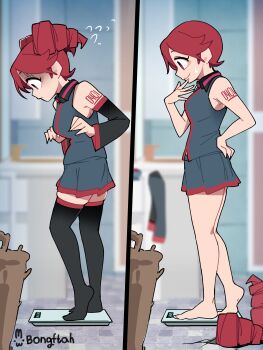 1girl absurdres artist_name black_shirt black_skirt black_sleeves black_thighhighs bongftah commentary detached_sleeves highres kasane_teto kasane_teto_(utau) red_eyes red_hair shirt short_hair skirt sleeveless symbol-only_commentary thighhighs twintails utau zettai_ryouiki