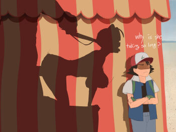 1girl 2boys ash_ketchum breasts circus_tent clueless delia_ketchum english_text gen_1_pokemon grabbing_another&#039;s_hair hetero highres holding_another&#039;s_hair interspecies large_breasts machamp mature_female mother_and_son motherly_netorare multiple_boys netorare nintendo pokemon pokemon_(creature) sex shadow stealth_sex tent wjs07