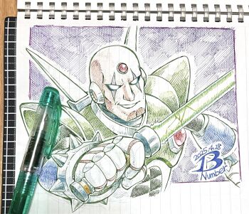 Rule 34 | 1boy, armor, bald, blue eyes, chest jewel, energy sword, forehead jewel, green armor, highres, holding, holding sword, holding weapon, mega man (series), mega man x1, mega man x (series), no eyebrows, photo (medium), pn13ban, sigma (mega man), solo, sword, traditional media, upper body, weapon