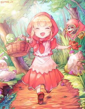 1girl alternate_costume amumu animal_costume annie_(league_of_legends) apron bad_id bad_twitter_id basket big_bad_warwick blonde_hair closed_eyes commentary_request cottontail_teemo fang food forest frilled_apron frills fruit full_body hood korean_text league_of_legends mary_janes mummy mushroom nature panza playboy_bunny red_hood red_riding_annie red_skirt rock shoes signature skirt tearing_up teemo tibbers tree twitter_username warwick
