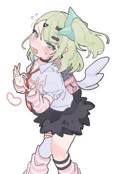 Rule 34 | 1girl, arm warmers, bandaid, bandaid hair ornament, black choker, black skirt, blush, choker, commentary request, earrings, fang, feet out of frame, flying sweatdrops, four-finger heart hands, fur-trimmed skirt, fur trim, green eyes, green hair, hair ornament, heart, heart hair ornament, heart hands, highres, jewelry, leg warmers, looking at viewer, multiple hair clips, musical note earrings, necktie, open mouth, pink arm warmers, pink bag, pink leg warmers, ponytail, red necktie, shirt, simple background, skin fang, skirt, solo, striped arm warmers, striped leg warmers, sunna (zenless zone zero), sweat, tukuti, white background, white shirt, white wings, winged bag, wings, zenless zone zero