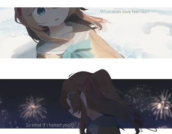 1girl :d absurdres aerial_fireworks ahoge aqua_bow aqua_bowtie beach blue_eyes blue_sailor_collar border bow bowtie brown_hair cardigan commentary covered_eyes day dutch_angle english_commentary english_text fireworks floating_hair from_side hair_between_eyes hair_ornament hair_ribbon hashtag-only_commentary heart heart_hair_ornament highres long_hair long_sleeves middletwo multiple_views neuro-sama night ocean open_mouth outdoors outside_border portrait red_ribbon ribbon sailor_collar sky smile two_side_up vedal_ai virtual_youtuber white_border yellow_cardigan