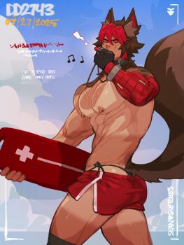 Rule 34 | 1boy, abs, animal ears, artist name, ass, bara, black gloves, black male swimwear, blue sky, cloud, commentary, cross, dated, dog boy, dog ears, dog tail, english commentary, gloves, highres, holding, holding whistle, komano manato, lifeguard, male focus, male swimwear, multicolored hair, muscular, muscular male, musical note, nipples, pectorals, red shorts, scar, scar across eye, scar on chest, scar on face, seansketches, shorts, sky, tail, tan, tanline, topless male, whistle, whistle around neck, zenless zone zero