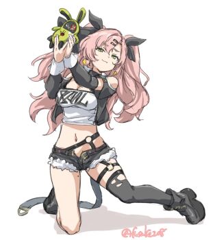 1girl :3 amillion_(zenless_zone_zero) bangboo_(zenless_zone_zero) bare_shoulders black_boots black_ribbon black_shorts black_thighhighs boots breasts cleavage closed_mouth clothing_cutout cutoffs earrings full_body fur-trimmed_shorts fur_trim fuusuke_(fusuke208) green_eyes hair_ornament hairclip head_tilt heart heart_earrings holding holding_stuffed_toy jewelry large_breasts long_hair looking_at_viewer micro_shorts midriff mole mole_on_breast mole_on_thigh mole_under_eye navel nicole_demara on_one_knee pink_hair ribbon shadow shorts shoulder_cutout simple_background single_thighhigh solo strapless stuffed_animal stuffed_toy thighhighs torn_clothes torn_thighhighs tube_top twitter_username two_side_up white_background white_tube_top zenless_zone_zero
