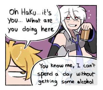 2girls air_bubble akita_neru annoyed beer_can belt blonde_hair bubble can drink_can drunk hand_on_own_hip long_hair midriff mitsuko_tan multiple_girls necktie purple_background purple_necktie red_eyes simple_background speech_bubble tagme vocaloid white_hair yellow_eyes yowane_haku