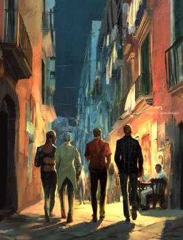 5boys alley back black_jacket black_pants black_shirt blonde_hair blue_hair building chair city clothing_cutout coat formaggio from_behind ghiaccio hand_in_pocket hashtag-only_commentary highres jacket jojo_no_kimyou_na_bouken jomijjd melone multiple_boys night outdoors pants prosciutto_(jojo) red_hair red_shirt road shirt short_hair sitting street vento_aureo walking white_coat white_hair