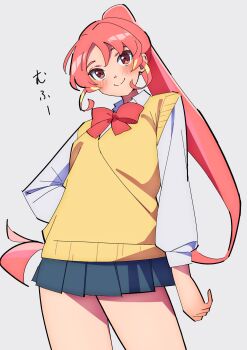 1girl ? bare_legs blonde_hair blush bowtie dress_shirt inazuma_eleven_(series) inazuma_eleven_victory_road japanese_text looking_at_viewer miniskirt multicolored_hair ponytail red_bow red_bowtie red_eyes red_hair sakura_1110ssmm school_uniform shinohara_raika shirt simple_background skirt solo twitter two-tone_hair white_background white_shirt