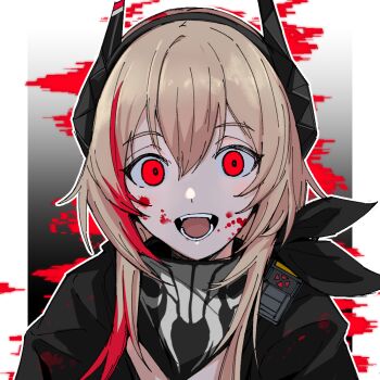 Rule 34 | 1girl, bandana, black bandana, black shirt, blonde hair, blood, blood on face, chinese commentary, commentary, empty eyes, girls' frontline, hair between eyes, headset, long hair, looking at viewer, m4 sopmod ii (girls' frontline), multicolored hair, open mouth, qaqyes re, red eyes, shirt, skull print, solo, streaked hair