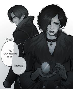 1boy 1girl ada_wong coat collar english_text hair_between_eyes highres jacket jewelry leon_s._kennedy monochrome resident_evil resident_evil_requiem short_hair speech_bubble zombiyh