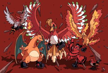 animal_focus beak bird black_boots boots breath_weapon breathing_fire charizard claws dragon fiery_hair fiery_tail fiery_wings fire flame-tipped_tail fletchinder gen_1_pokemon gen_2_pokemon gen_6_pokemon gen_7_pokemon highres ho-oh legendary_pokemon moltres nintendo no_humans onigiri_debu open_mouth oricorio oricorio_(baile) pokemon pokemon_(creature) pokemon_focus spikes tail talonflame talons wings