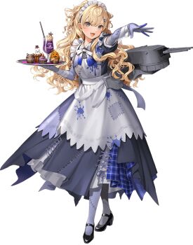 1girl apron blonde_hair blue_dress blue_eyes cupcake dress drink elbow_gloves fangs food full_body gloves grey_gloves hair_ornament hairclip hoshiakari_(c2_kikan) kantai_collection machinery maid maid_headdress minneapolis_(halloween)_(kancolle) minneapolis_(kancolle) official_art patchwork_clothes smile solo third-party_source transparent_background tray two_side_up wavy_hair white_apron