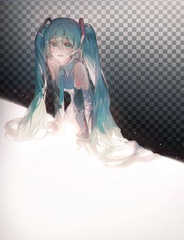 1girl bare_shoulders black_sleeves collared_shirt detached_sleeves green_eyes green_hair green_necktie grey_shirt hair_between_eyes hair_ornament hatsune_miku headset highres long_hair looking_at_viewer necktie number_tattoo open_mouth plaid_background shirt skirt sleeveless sleeveless_shirt smile solo tattoo tokkimozzi twintails upper_body very_long_hair vocaloid white_background