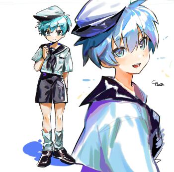 1boy ansatsu_kyoushitsu black_shorts blue_eyes blue_hair highres male_focus open_mouth shiota_nagisa shirt short_hair shorts simple_background smile tanglaoban1225 white_background white_shirt