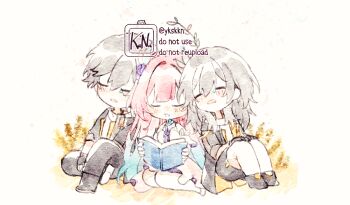 1boy 2girls bare_shoulders black_boots black_coat black_gloves black_jacket black_pants black_skirt blue_flower blue_hair blue_rose blush book boots caelus_(honkai:_star_rail) closed_eyes coat commentary_request cyrene_(honkai:_star_rail) cyrene_(ripples_of_past_reverie)_(honkai:_star_rail) detached_sleeves dress dual_persona flower full_body gloves gradient_hair grey_hair hair_flower hair_ornament hands_on_own_knees holding holding_book honkai:_star_rail honkai_(series) jacket kana_(ykskkn) lapels leaf_hair_ornament long_hair long_sleeves miniskirt multicolored_hair multiple_girls official_alternate_costume official_alternate_hairstyle open_book open_clothes open_coat open_jacket open_mouth pants pink_hair purple_flower purple_rose reading rose shirt shoes short_hair short_sleeves sidelocks simple_background sitting skirt sleeping sleeveless sleeveless_dress smile stelle_(honkai:_star_rail) t-shirt tearing_up trailblazer_(honkai:_star_rail) two-sided_fabric two-sided_jacket very_long_hair weeds white_background white_dress white_shirt white_shoes white_sleeves yellow_jacket