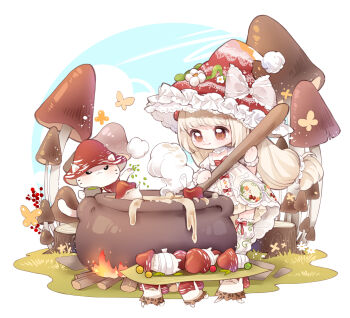 1girl absurdres animal blonde_hair blue_sky border bound bow bow_button bow_legwear bowl bowtie bug butterfly campfire capelet cat cauldron chibi chinese_commentary choker clothed_animal cloud commentary_request cooking cross-laced_clothes cross-laced_dress dress dripping ears_through_headwear floral_print flower frilled_bow frilled_choker frilled_headwear frilled_leg_warmers frilled_wrist_cuffs frills full_body grass hair_ornament hair_scrunchie hat hat_bow hat_flower highres holding holding_bowl holding_spoon human_sacrifice infinity_nikki insect leg_warmers light_particles long_hair looking_at_food low-tied_long_hair momo_(nikki) mushroom nikki_(series) nuli_de_chengzhi_er official_alternate_costume oversized_object pink_bow plant pom_pom_(clothes) print_dress puffy_short_sleeves puffy_sleeves red_bow red_bowtie red_capelet red_hat scrunchie short_sleeves shroomling_(infinity_nikki) sky spoon square_neckline standing steam stew stirring sweet_waltz_(infinity_nikki) tied_up_(nonsexual) very_long_hair vines whiskers white_border white_cat white_choker white_dress white_flower white_leg_warmers white_scrunchie white_wrist_cuffs witch witch_hat wrist_cuffs yellow_butterfly