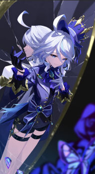 2girls against_mirror ahoge ascot asymmetrical_gloves back-to-back black_gloves blue_ascot blue_eyes blue_gemstone blue_hat broken_mirror closed_mouth commentary curly_hair different_reflection faceless faceless_female focalors_(genshin_impact) full-length_mirror furina_(genshin_impact) gem genshin_impact gloves hands_up hat hetero highres huge_ahoge lolita_fashion long_sleeves mirror mismatched_gloves multicolored_hair multiple_girls munidoru ouji_fashion parted_lips reflection sad short_hair short_shorts shorts streaked_hair symbol-shaped_pupils tearing_up tears thigh_strap top_hat two-tone_hair white_gloves white_hair