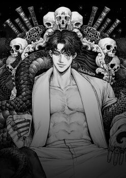 1boy abs black_hair commentary cup curtained_hair dalchi09 elbow_rest english_commentary head_tilt highres holding holding_cup jewelry looking_at_viewer male_focus multiple_rings omniscient_reader's_viewpoint open_clothes open_robe pectorals pile_of_skulls planted planted_sword planted_weapon ring robe scar scar_across_eye scar_on_face secretive_plotter short_hair skull smirk snake snake_wrapped_around_arm solo spread_legs sword throne toned toned_male too_many_weapons weapon yoo_joonghyuk
