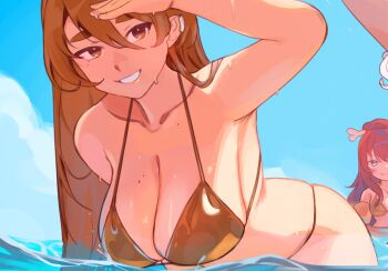 2girls akiaji_margo_(character) bikini blue_sky breasts brown_eyes brown_hair character_request collarbone commentary curvy english_commentary gold_bikini grin hair_between_eyes hand_up hanging highres indie_virtual_youtuber large_breasts long_hair long_hair_between_eyes mole mole_on_breast mole_on_collarbone mole_under_eye multiple_girls ocean outdoors shade shading_eyes skindentation sky smile string_bikini swimsuit thernz thick_eyebrows thong_bikini virtual_youtuber wading water