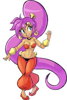 breasts cleavage cleft_of_venus dark-skinned_female dark_skin earrings gold_earrings highres hoop_earrings jewelry large_breasts long_hair midriff navel pointy_ears pointy_shoes purple_eyes purple_hair shantae shantae_(series) shoes teevo transparent_background