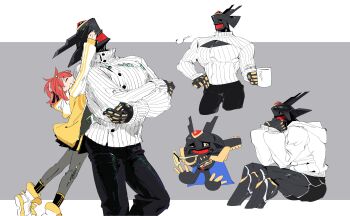 1girl absurdres aiba_ami alphamon armor black_armor black_helmet black_skirt dawu233 digimon digimon_(creature) digimon_story:_cyber_sleuth forehead_jewel full_body helmet highres knight kuremi_kyouko pleated_skirt red_hair shirt simple_background skirt two-tone_shirt yellow_eyes yellow_shirt