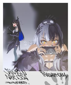 2girls asymmetrical_horns black_dress black_hair blue_hair blunt_bangs blush breasts camera choker cleavage colored_inner_hair copyright_name dress fur_trim highres holding holding_camera hololive hololive_english horns long_hair medium_breasts multicolored_hair multiple_girls nerissa_ravencroft nerissa_ravencroft_(1st_costume) open_mouth phasmophobia red_eyes se_t shiori_novella shiori_novella_(1st_costume) split-color_hair taking_picture two-tone_hair uneven_horns virtual_youtuber white_hair yellow_eyes