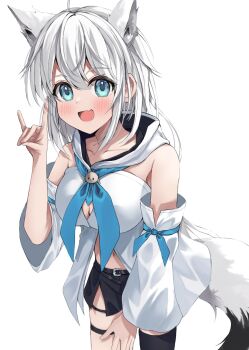 1girl ahoge animal_ear_fluff animal_ears aqua_eyes black_shorts black_thighhighs breasts cleavage commentary_request detached_sleeves fox_ears fox_girl fox_shadow_puppet fox_tail highres hololive hood hoodie large_breasts long_hair nekoshima_kaede open_mouth shirakami_fubuki shirakami_fubuki_(1st_costume) shorts single_thighhigh smile solo tail thigh_strap thighhighs virtual_youtuber white_hair white_hoodie white_sleeves