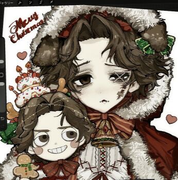 2boys alternate_costume animal_ears art_program_in_frame bell blush_stickers bow bowtie brown_eyes brown_hair capelet commentary dog_ears empty_eyes english_commentary face_piercing facial_scar fur-trimmed_capelet fur_trim hair_intakes highres hood hooded_capelet identity_v lip_piercing looking_at_viewer louis_(identity_v) male_focus matthias_czernin merry_christmas mokomokopasuta multiple_boys parted_lips piercing red_bow red_bowtie scar scar_on_cheek scar_on_face uneven_eyes