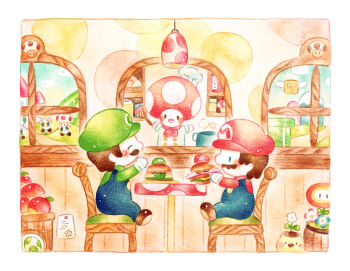 2boys blue_overalls brothers brown_hair burger chef_toad_(mario) colored_pencil_(medium) commentary_request facial_hair fire_flower food green_hat green_shirt hat highres indoors jump_rope luigi mario mario_(series) multiple_boys mustache nintendo overalls painting_(medium) red_hat red_shirt shirt siblings super_nintendo_world traditional_media watercolor_(medium) window yukichi_0611