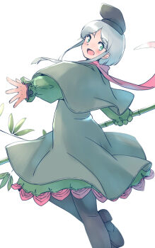 1girl :d bamboo black_boots black_hat black_pantyhose blush boots capelet coat commentary_request foot_out_of_frame from_behind green_capelet green_coat green_eyes green_hair green_skirt hat long_hair long_sidelocks long_sleeves looking_back one-hour_drawing_challenge open_mouth pantyhose rangycrow red_scarf scarf shoe_soles sidelocks sideways_glance skirt smile solo tate_eboshi teireida_mai touhou white_background