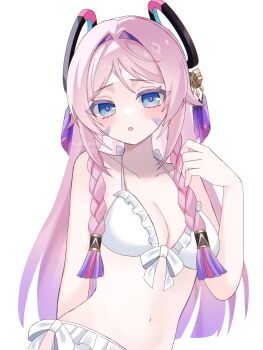 Rule 34 | 1girl, :o, bikini, blue eyes, blush, braid, breasts, citlali (genshin impact), collarbone, commentary, facial mark, feathers, floating headgear, forehead mark, genshin impact, hair intakes, headgear, highres, kino (curry pan), long hair, looking at viewer, navel, open mouth, pink feathers, pink hair, pink pupils, revision, ring hair ornament, simple background, solo, stomach, swimsuit, triangle, triangle facial mark, watermark, white background, white bikini
