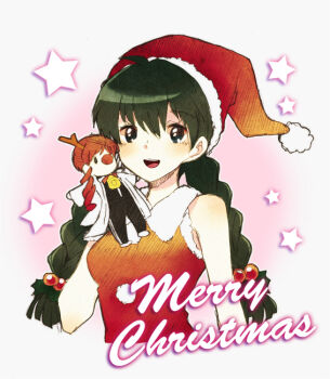 Rule 34 | 1girl, antlers, bare shoulders, black hair, blue eyes, blush, braid, breasts, christmas, doll, dress, hair ornament, haori, hat, horns, jacket, japanese clothes, kyoukai no rinne, long hair, mamiya sakura, pants, red hair, rokudou rinne, short hair, star (symbol), twintails