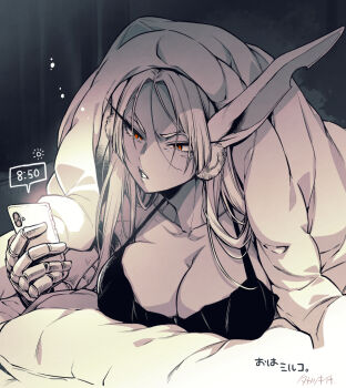 1girl animal_ears blanket boku_no_hero_academia breasts cellphone cleavage collarbone commentary_request greyscale hair_between_eyes holding holding_phone large_breasts long_eyelashes long_hair lying mechanical_arms mirko monochrome notched_ear on_bed on_stomach parted_bangs parted_lips phone pillow rabbit_ears rabbit_girl red_eyes scar scar_on_face single_mechanical_arm smartphone solo sports_bra spot_color takatsuki_ichi toned toned_female translation_request under_covers v-shaped_eyebrows