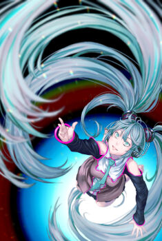 1girl 39 aqua_eyes aqua_hair artist_request bare_shoulders black_shirt blue_eyes blue_hair blue_necktie blush detached_sleeves female_focus grey_shirt hair_ornament hatsune_miku headphones headset heart highres long_hair looking_at_viewer mstm necktie pleated_skirt shirt skirt sleeveless sleeveless_shirt smile solo twintails vocaloid
