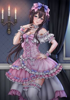 1girl aqua_eyes assault_lily bare_shoulders blue_bow blue_gem blush bow bowtie breasts brown_hair candle candlestand cleavage collar commentary_request cross-laced_clothes cross-laced_dress curtains dress dress_bow feet_out_of_frame frilled_collar frilled_sleeves frilled_thighhighs frilled_wrist_cuffs frills garter_straps gem hair_between_eyes hair_bow hair_ribbon hairband hand_on_own_hip hand_up highres imai_tomohiro indoors jewelry layered_dress light_smile lolita_fashion lolita_hairband long_hair looking_at_viewer medium_breasts off-shoulder_dress off_shoulder official_alternate_costume parted_lips pink_bow pink_hairband pink_ribbon ribbon ribbon-trimmed_dress ribbon_trim ring serizawa_chikaru short_sleeves sidelocks sleeve_bow solo standing thighhighs very_long_hair waist_cape white_bow white_bowtie white_collar white_thighhighs wrist_cuffs