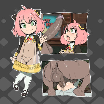 1boy 1girl age_difference anya_(spy_x_family) black_background black_footwear censored closed_mouth dark-skinned_male dark_skin dress full_body green_eyes hair_ornament hetero highres interracial large_penis loli long_hair long_sleeves looking_at_penis looking_at_viewer maniacpaint mating_press mosaic_censoring multiple_views navel open_mouth pasties penis penis_awe pink_hair pussy see-through_clothes see-through_dress sex shoes size_difference smile spy_x_family standing thighhighs white_thighhighs